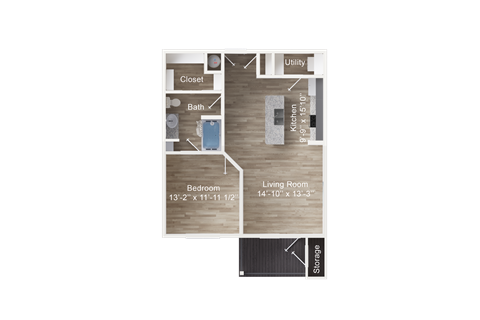 Floor plan for 1 bed, 1 bath, 727 sqft